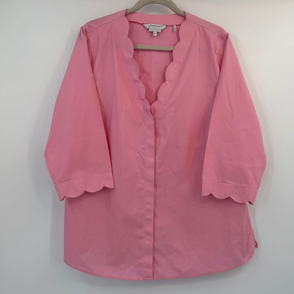 Foxcroft NYC Pink Heritage Non-Iron Scalloped V-Neck Shirt 16W Poplin Barbiecore